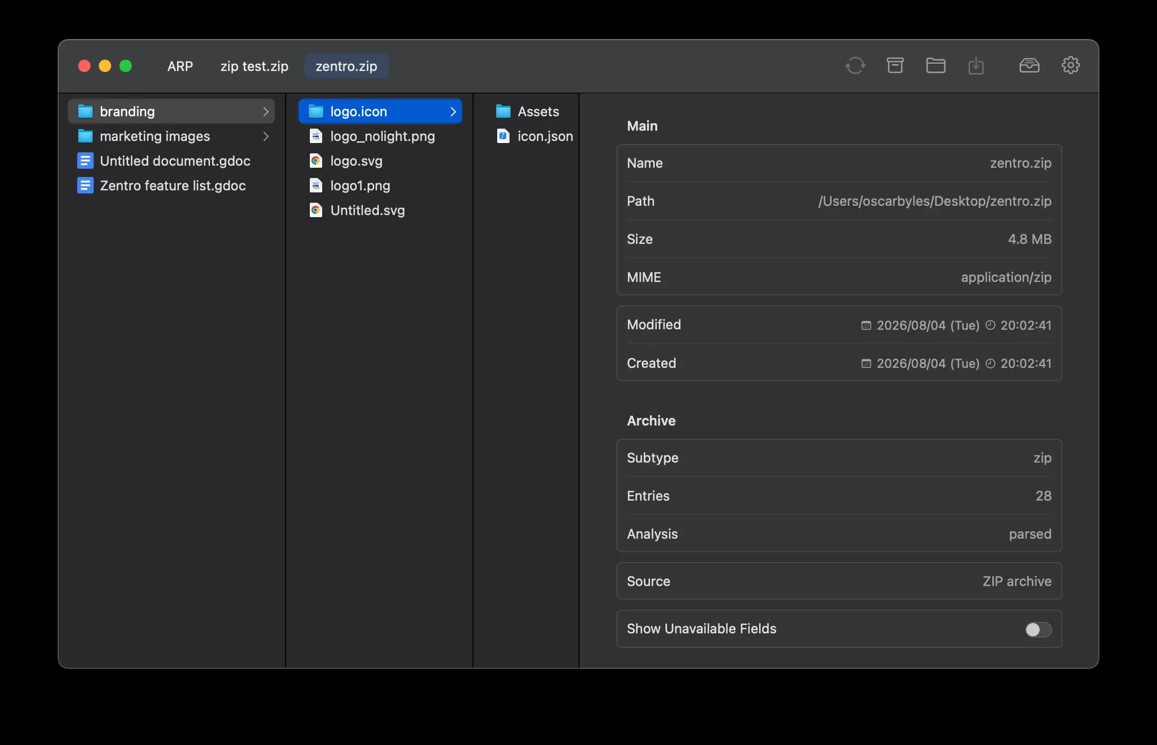 Zentro native zip archive browser with per-file extraction