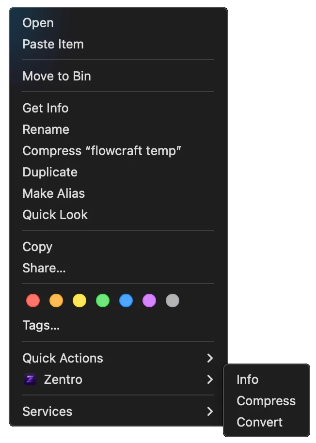 Zentro Finder context menu with quick actions